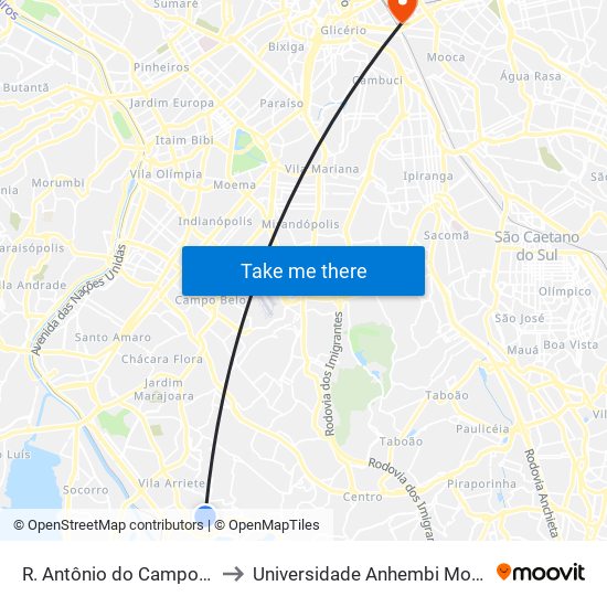 R. Antônio do Campo, 630 to Universidade Anhembi Morumbi map