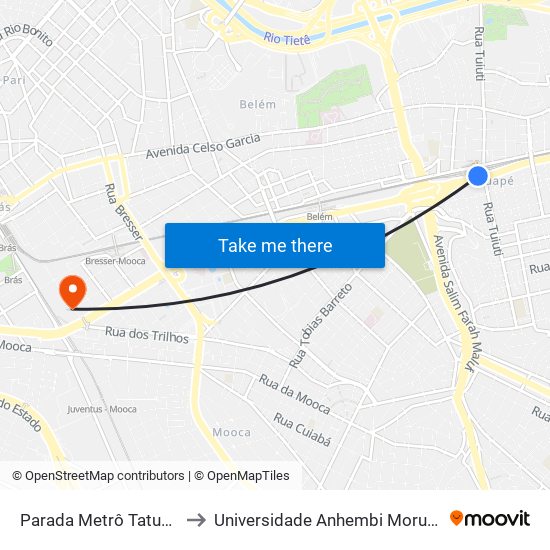 Parada Metrô Tatuapé to Universidade Anhembi Morumbi map