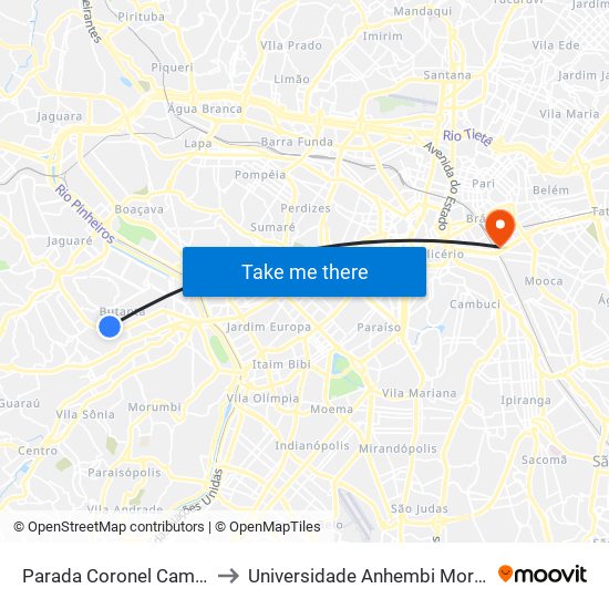 Parada Coronel Camisão to Universidade Anhembi Morumbi map