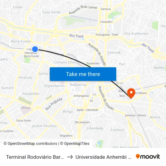 Terminal Rodoviário Barra Funda to Universidade Anhembi Morumbi map