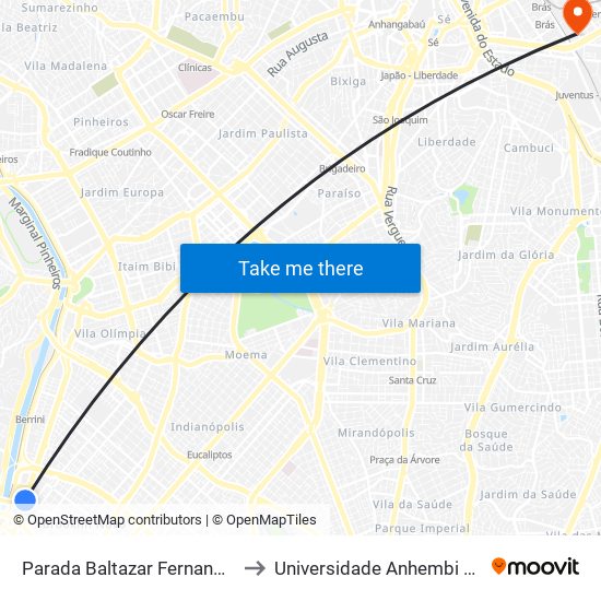 Parada Baltazar Fernandes (C/B) to Universidade Anhembi Morumbi map