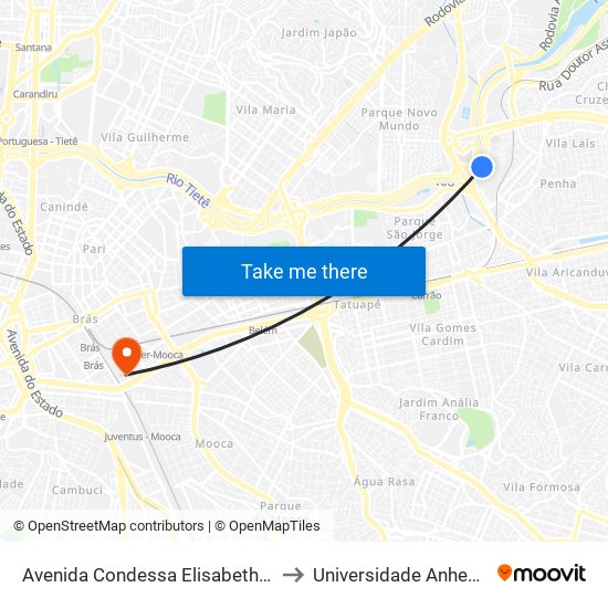 Avenida Condessa Elisabeth De Robiano 4810 to Universidade Anhembi Morumbi map