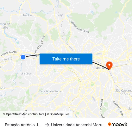 Estação Antônio João to Universidade Anhembi Morumbi map