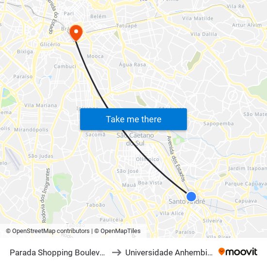 Parada Shopping Boulevard Itambé to Universidade Anhembi Morumbi map