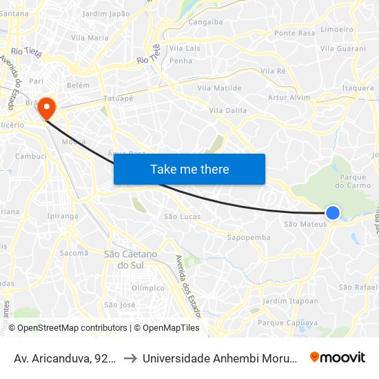 Av. Aricanduva, 9254 to Universidade Anhembi Morumbi map
