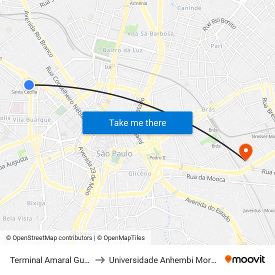 Terminal Amaral Gurgel to Universidade Anhembi Morumbi map