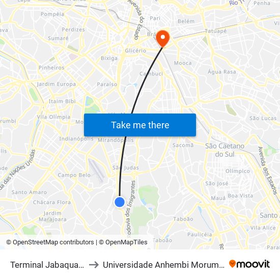Terminal Jabaquara to Universidade Anhembi Morumbi map