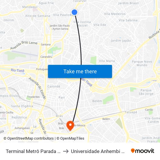 Terminal Metrô Parada Inglesa to Universidade Anhembi Morumbi map