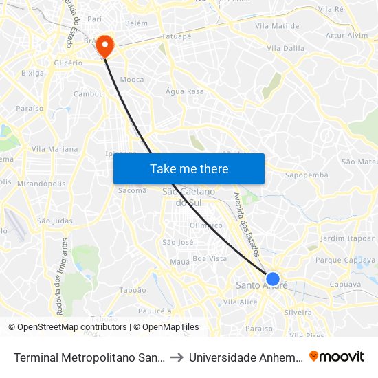 Terminal Metropolitano Santo André Leste to Universidade Anhembi Morumbi map