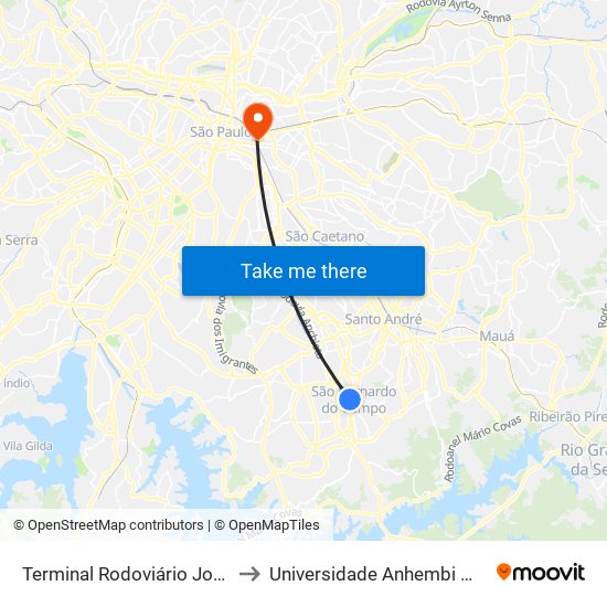 Terminal Rodoviário João Setti to Universidade Anhembi Morumbi map