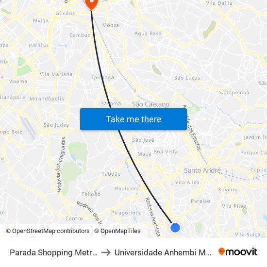 Parada Shopping Metropole to Universidade Anhembi Morumbi map