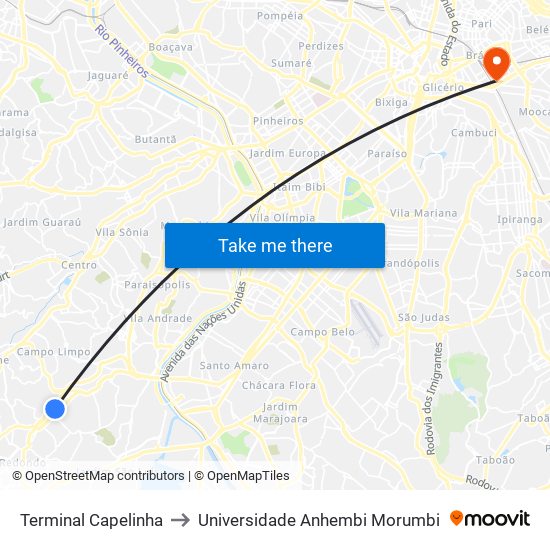 Terminal Capelinha to Universidade Anhembi Morumbi map