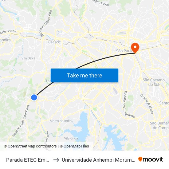 Parada ETEC Embú to Universidade Anhembi Morumbi map