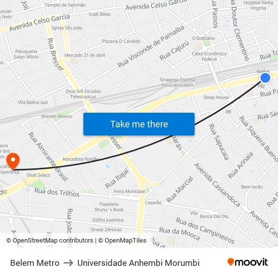 Belem Metro to Universidade Anhembi Morumbi map