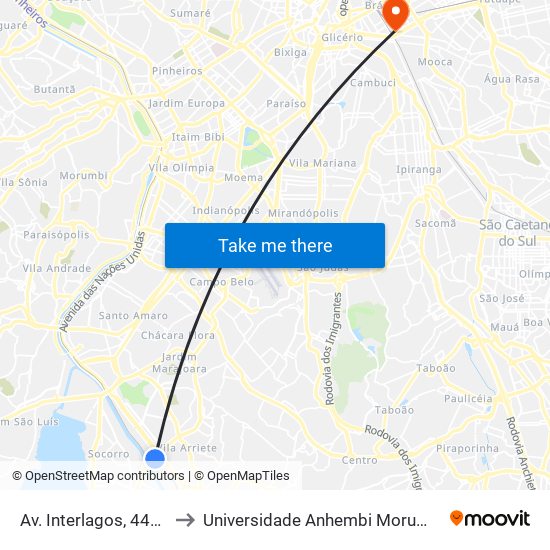 Av. Interlagos, 4455 to Universidade Anhembi Morumbi map