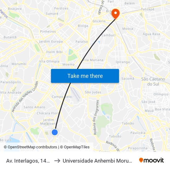 Av. Interlagos, 1464 to Universidade Anhembi Morumbi map