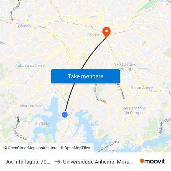 Av. Interlagos, 7001 to Universidade Anhembi Morumbi map