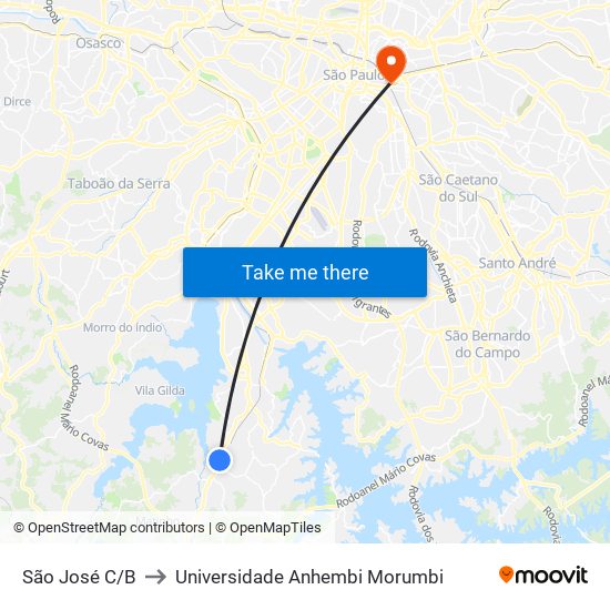 São José C/B to Universidade Anhembi Morumbi map