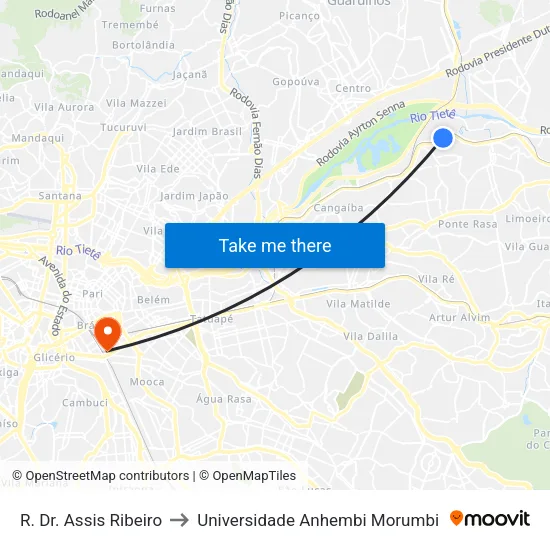 R. Dr. Assis Ribeiro, 7750 to Universidade Anhembi Morumbi map