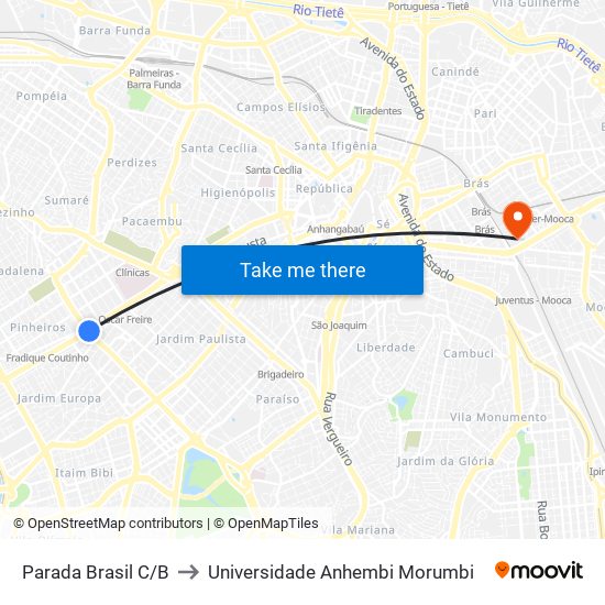 Parada Brasil C/B to Universidade Anhembi Morumbi map