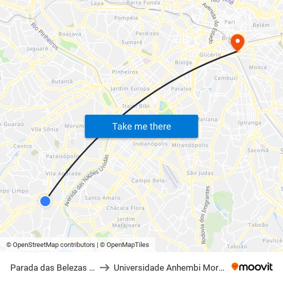 Parada das Belezas B/C to Universidade Anhembi Morumbi map