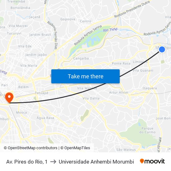 Av. Pires do Rio, 1 to Universidade Anhembi Morumbi map