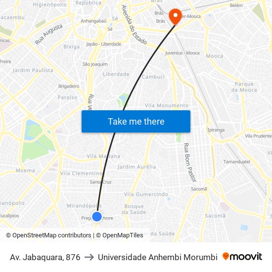 Av. Jabaquara, 876 to Universidade Anhembi Morumbi map