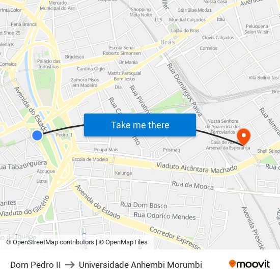 Dom Pedro II to Universidade Anhembi Morumbi map