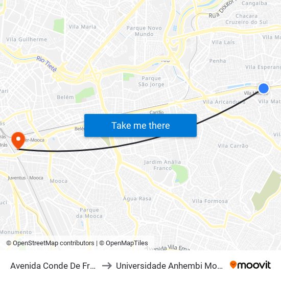 Avenida Conde De Frontin to Universidade Anhembi Morumbi map