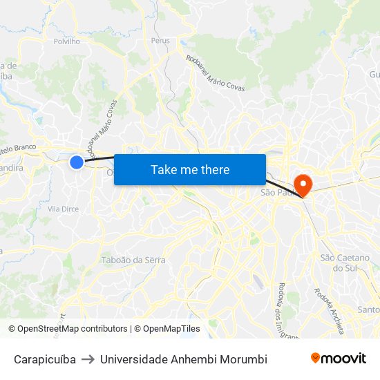 Carapicuíba to Universidade Anhembi Morumbi map