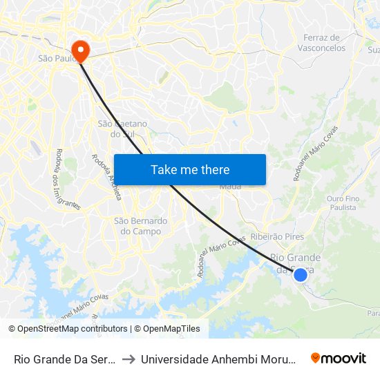 Rio Grande Da Serra to Universidade Anhembi Morumbi map