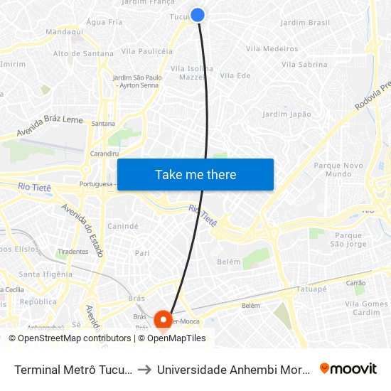 Terminal Metrô Tucuruvi to Universidade Anhembi Morumbi map