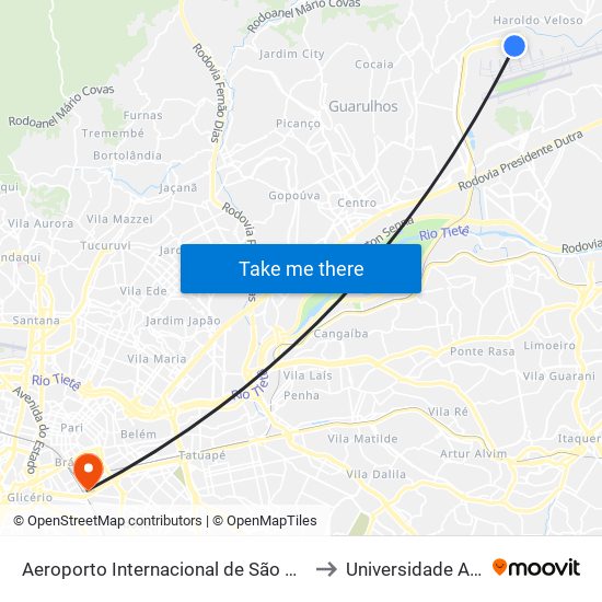 Aeroporto Internacional de São Paulo (Terminal de Passageiros 3) to Universidade Anhembi Morumbi map