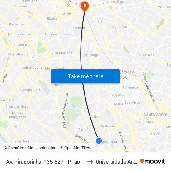 Av. Piraporinha, 135-527 - Piraporinha - Piraporinha, Diadema to Universidade Anhembi Morumbi map