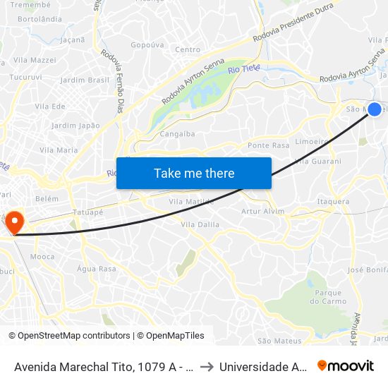 Avenida Marechal Tito, 1079 A - São Miguel Paulista, São Paulo to Universidade Anhembi Morumbi map