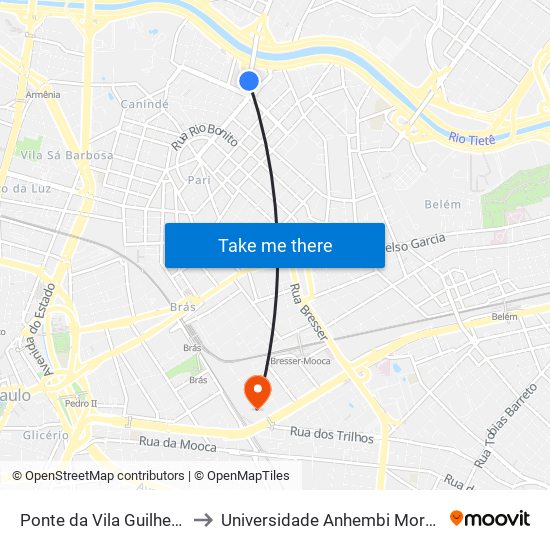 Ponte da Vila Guilherme to Universidade Anhembi Morumbi map