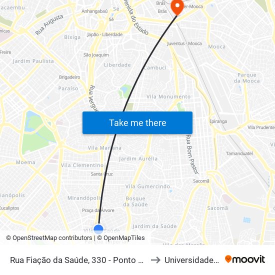 Rua Fiação da Saúde, 330 - Ponto Final da Linha 446 - Vila da Saúde, São Paulo to Universidade Anhembi Morumbi map