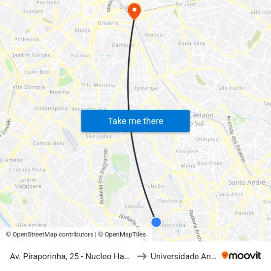 Av. Piraporinha, 25 - Nucleo Hab. Nova Conquista, Diadema to Universidade Anhembi Morumbi map