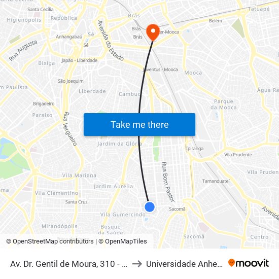 Av. Dr. Gentil de Moura, 310 - Ipiranga, São Paulo to Universidade Anhembi Morumbi map