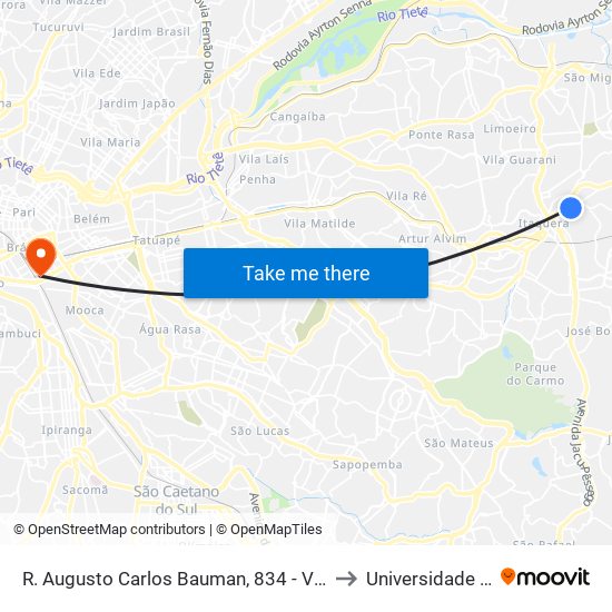 R. Augusto Carlos Bauman, 834 - Vila Brasil, São Paulo - Sp, 08210-590, Brasil to Universidade Anhembi Morumbi map