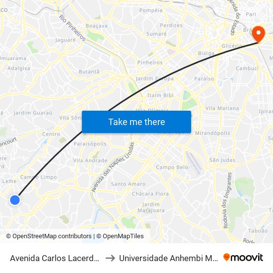 Avenida Carlos Lacerda 2194 to Universidade Anhembi Morumbi map