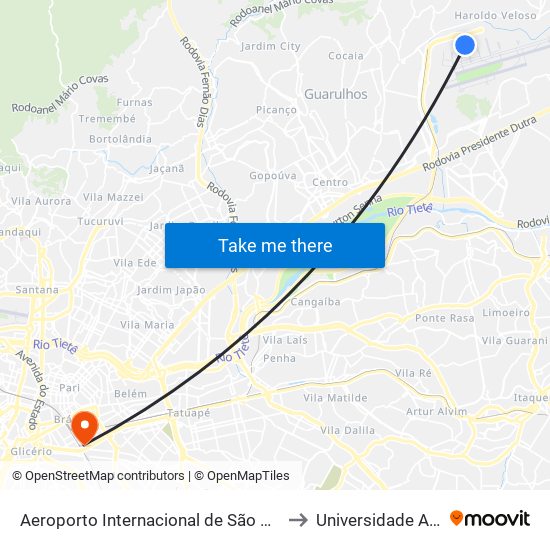 Aeroporto Internacional de São Paulo (Terminal de Passageiros 2) to Universidade Anhembi Morumbi map