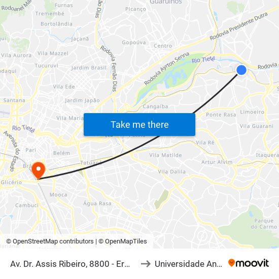 Av. Dr. Assis Ribeiro, 8800 - Ermelino Matarazzo, São Paulo to Universidade Anhembi Morumbi map