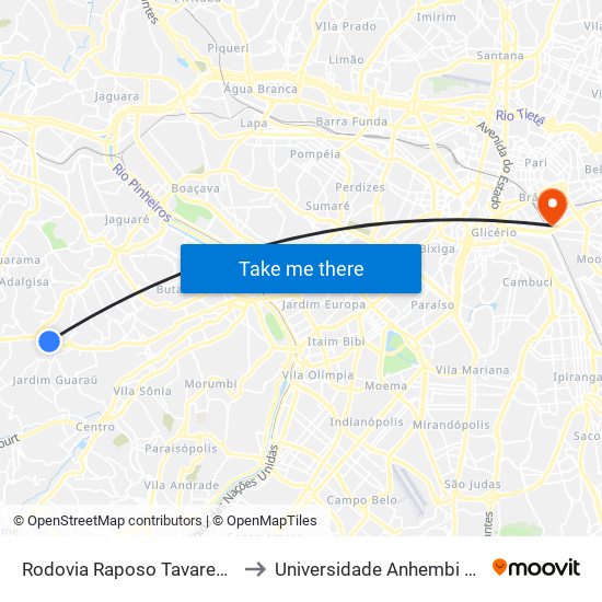 Rodovia Raposo Tavares - Km 16 to Universidade Anhembi Morumbi map