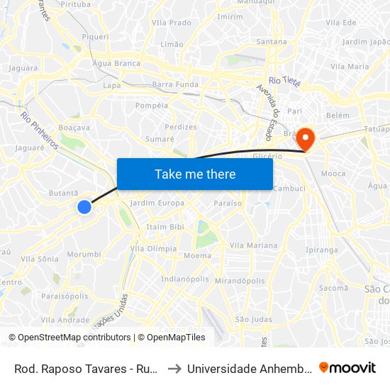 Rod. Raposo Tavares - Rua Esplanada to Universidade Anhembi Morumbi map