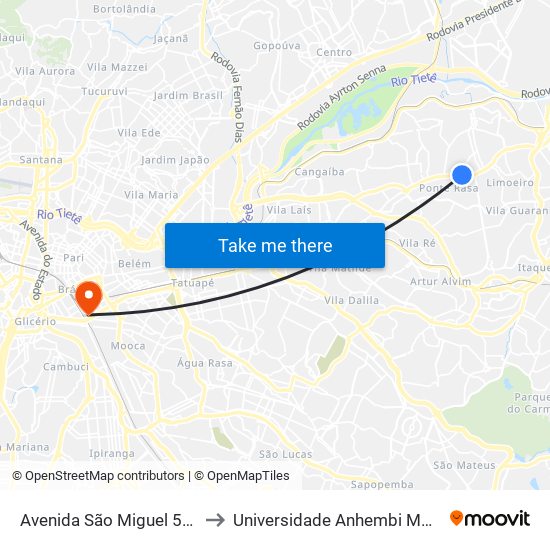 Avenida São Miguel 5263 B to Universidade Anhembi Morumbi map