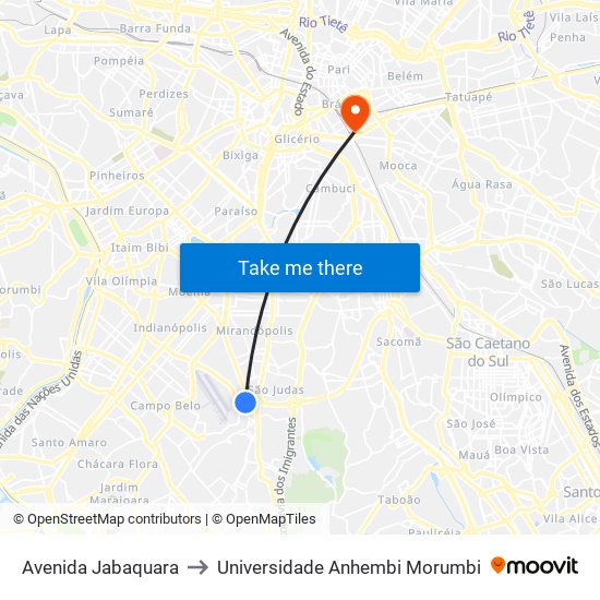 Avenida Jabaquara to Universidade Anhembi Morumbi map