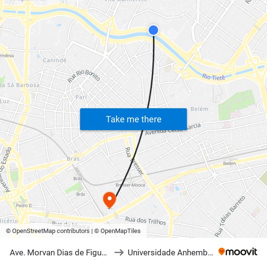 Ave. Morvan Dias de Figueiredo 2801 to Universidade Anhembi Morumbi map