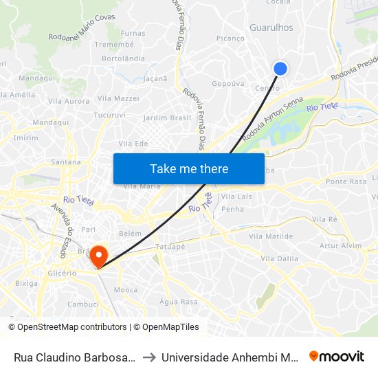 Rua Claudino Barbosa 1092 to Universidade Anhembi Morumbi map