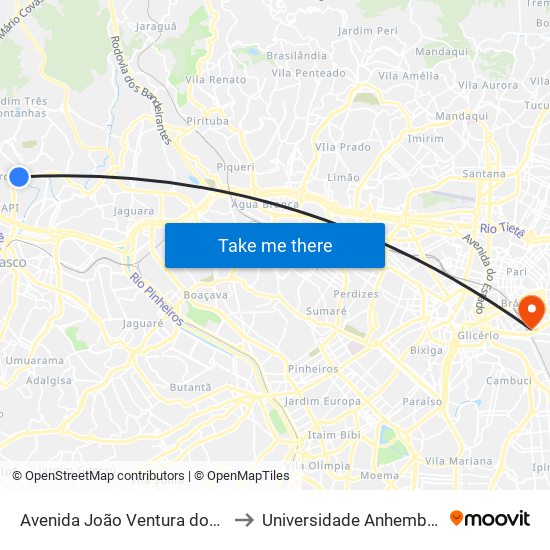 Avenida João Ventura dos Santos 48 to Universidade Anhembi Morumbi map